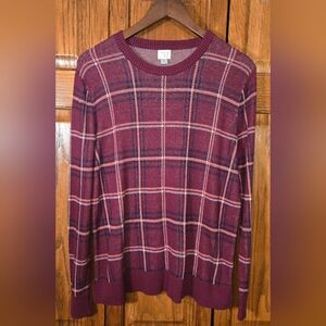 A New Day Crewneck Red Pink White Plaid Knit Long Sleeve Sweater Sz XXL